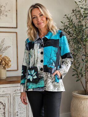 Simply Art by Dolcezza Cotton Abstract Button Jacket Turquoise Black Artsy Top
